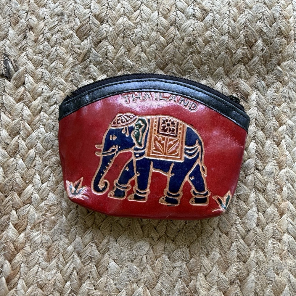 Handmade Thailand Thai Purple Elephant On Red Leather Coin Change Purse Adorable